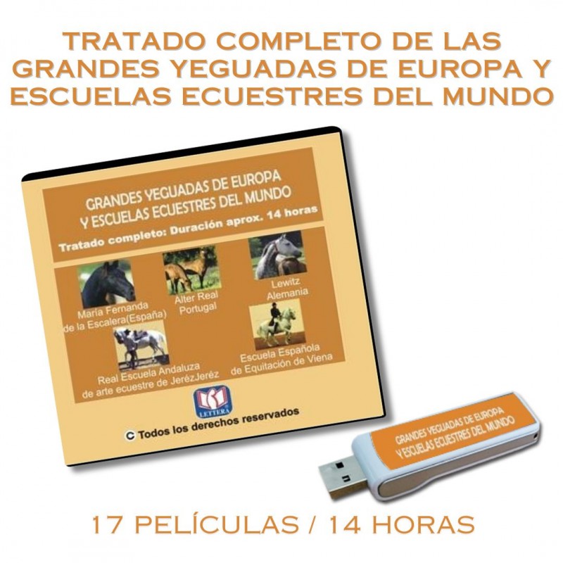 PENDRIVE GRANDES YEGUADAS DE EUROPA + ESCUELAS ECUESTRES DEL MUNDO 17 DVD´S + 3 LIBROS